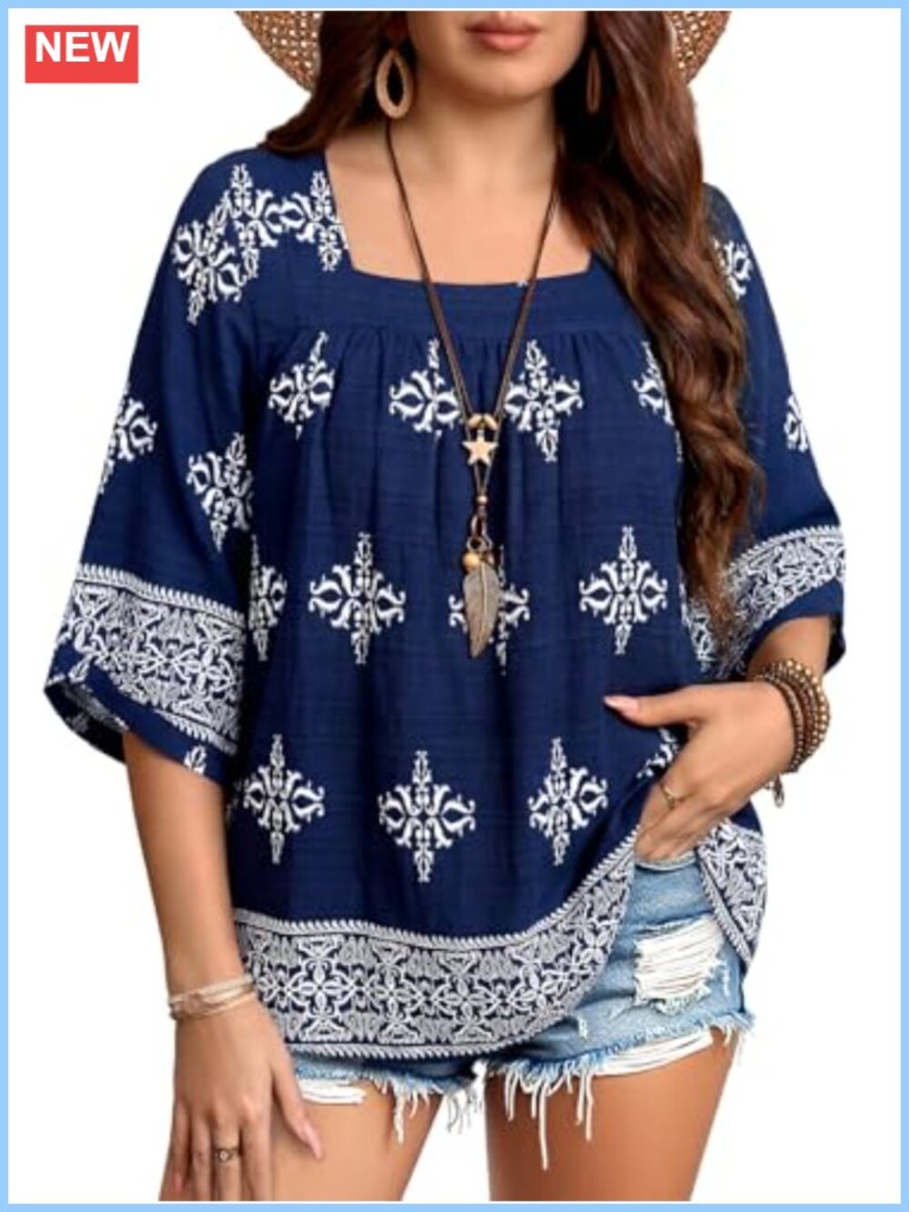 Plus Size Boho Chiffon Babydoll Blouse 3/4 Sleeve Square Neck Tunic